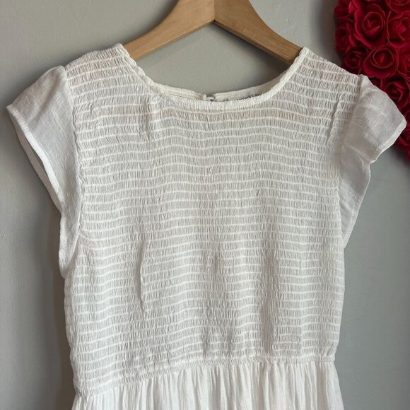 August Sky Womens Smocked Ruffle Sleeve Tiered Midi Summer Dress SMALL White - Picture 2 of 10